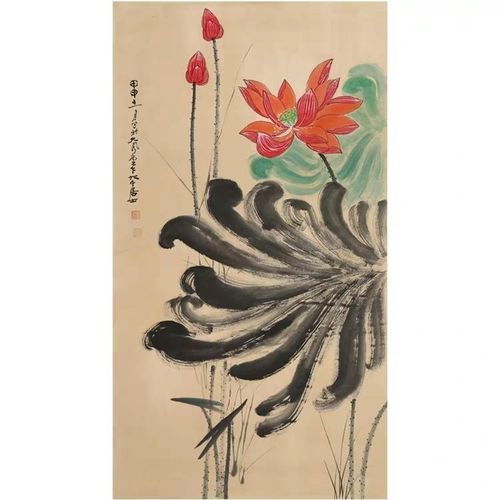 张大千字画作品手绘三尺国画花鸟荷花条幅精品客厅礼品收藏赠证书