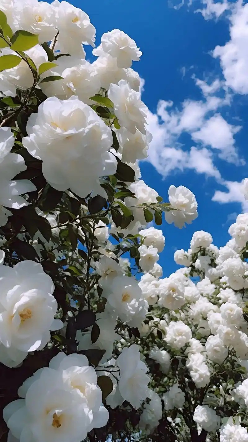 蓝天白云下,白色的山茶花盛开,让人感受到一种清新自然的氛围, - 抖音