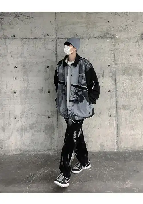 男桀古着vintage外套春秋原宿风高街夹克男ins欧美hiphop炸街上衣黑色