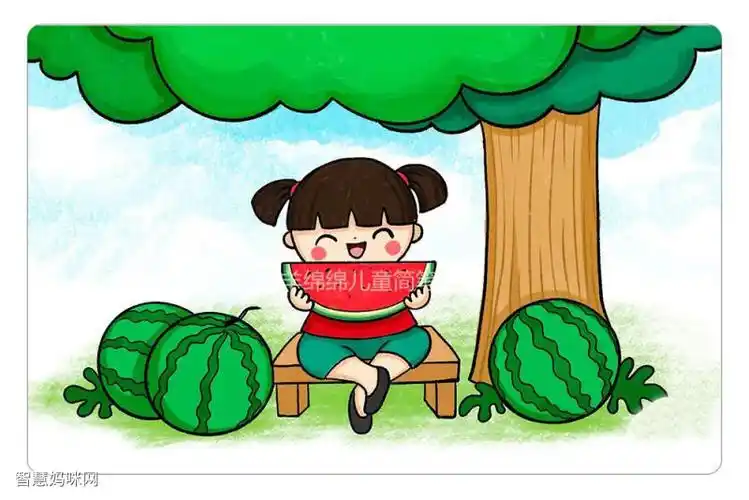 美好的夏天大树下吃西瓜简笔画