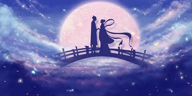 蓝色唯美星空七夕情人节牛郎织女鹊桥月亮海报展板网页七月初七七夕