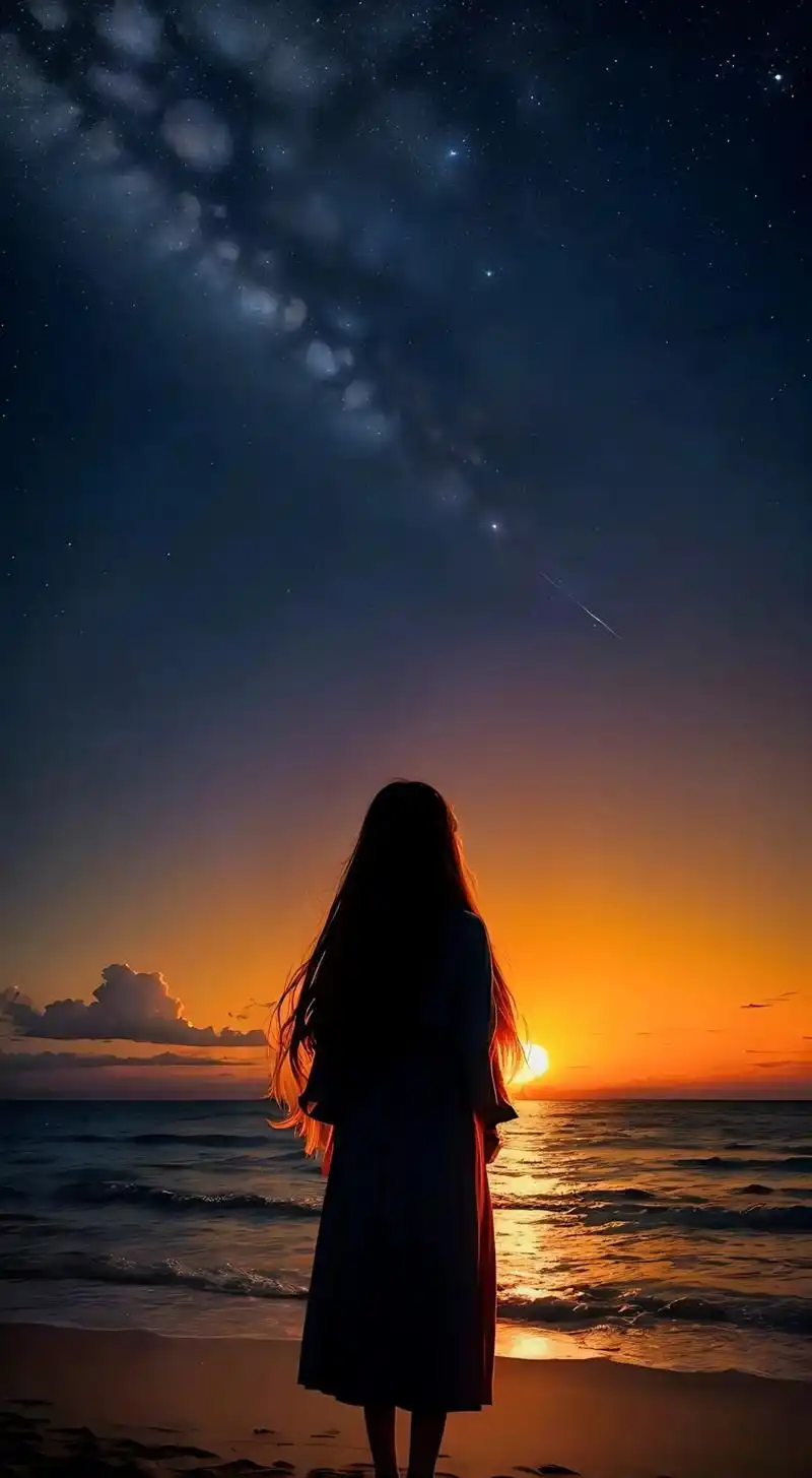 一个漂亮的女孩站在在海边上,对面是万家灯火通明,长头 - 抖音