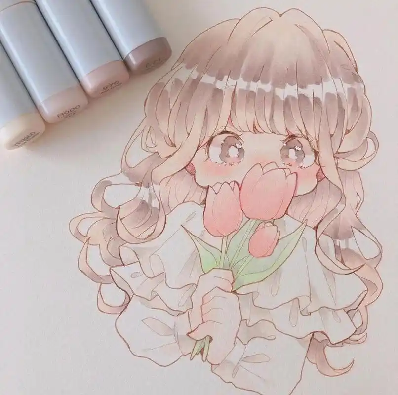 超萌二次元漫画女孩手绘 | 马克笔,水彩形式