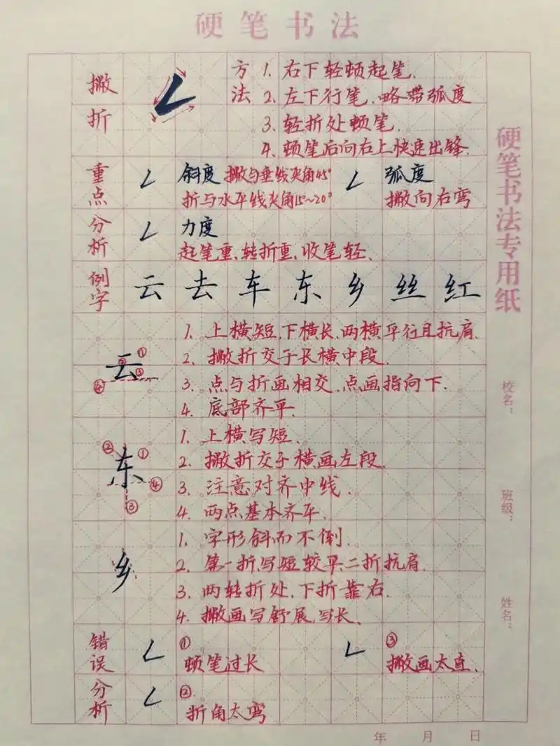 基本笔画练习|《撇折》 《撇折》写法: 1.右下轻顿起笔, 2.