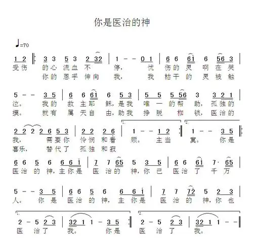 主你是医治的神的歌谱