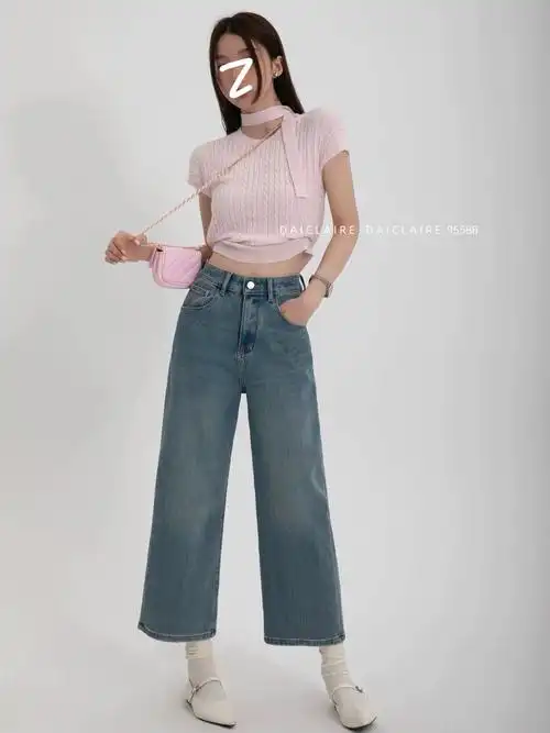 牛仔裤新款女95588高腰蓝弹力宽松直筒九分阔腿裤代嘉儿2024春季
