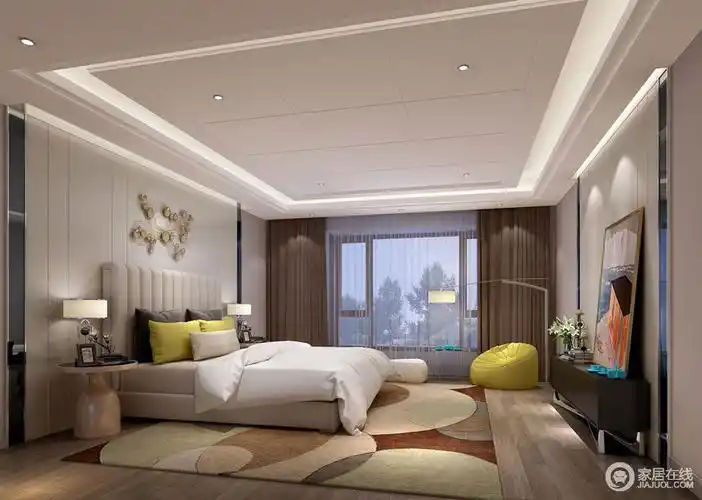 卧室悬空式几何吊顶因为灯带而显得通透,立体,简单地几何设计尽显艺术