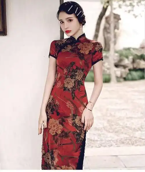 夏季短袖复古中国风碎花旗袍礼服妈妈装显瘦遮肚开叉包臀气质长裙