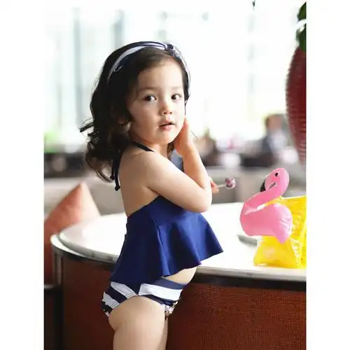 七色王国韩国ins儿童比基尼女童蓝条纹三件套宝宝分体泳装亲子泳衣