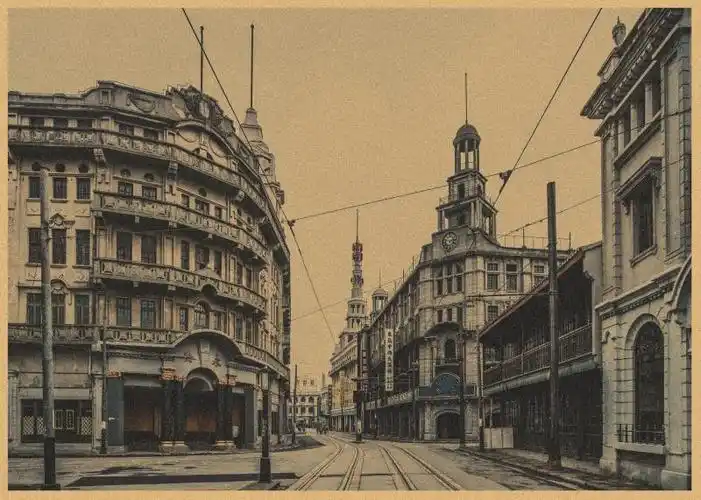 民国时期老上海建筑街景复古牛皮纸海报酒吧咖啡厅装饰墙壁画352