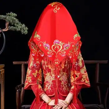 丝巾古风红盖头新娘结婚头纱中式秀禾服复古红色绣花缎面流苏蒙头刺绣