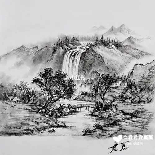 炭笔风景画高清图山水之间