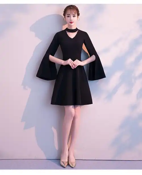 矮小个子冬季晚礼服女生修身宴会女长款高贵长袖洋装小礼服年会气质小