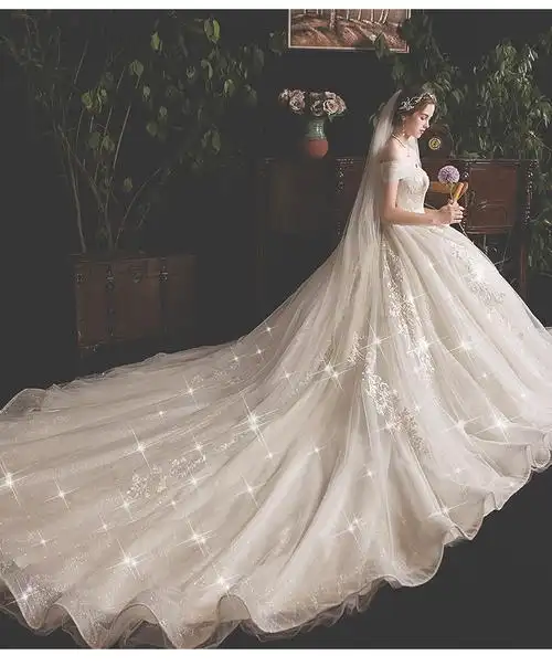 罗蒙romon一字肩婚纱礼服新款新娘气质拖尾豪华赫本森系超仙梦幻女淡