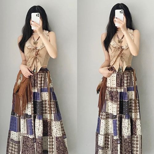 度假民族风拼色高腰松紧腰半身裙雪纺叠穿裙子打底裙云南旅游裙