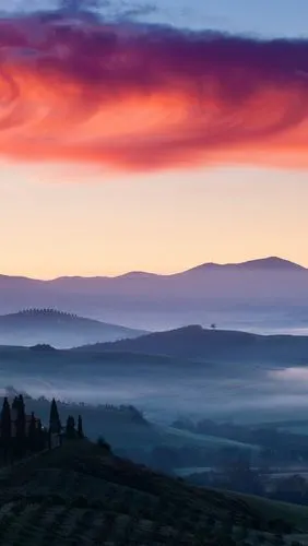 iphone 壁纸 意大利,黎明,雾,田野,天空,云