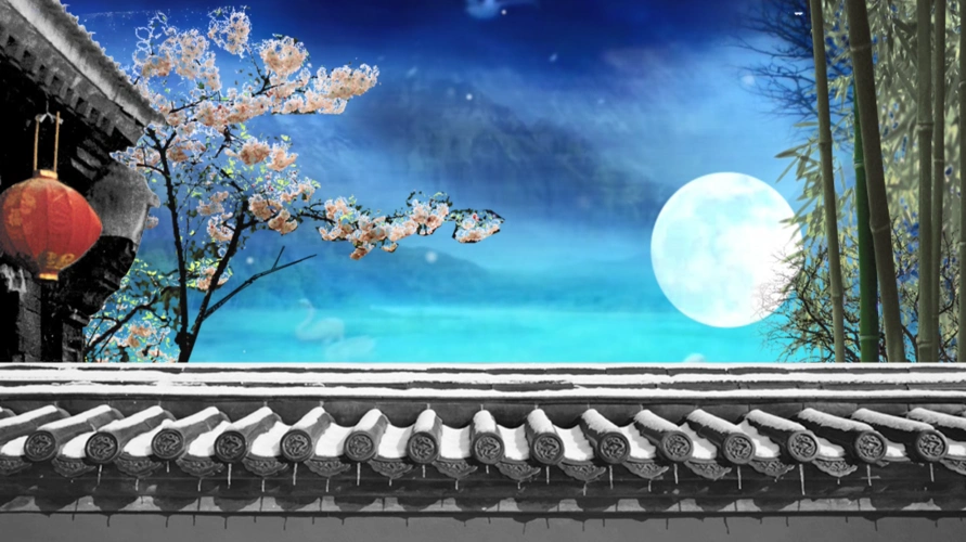 古风墙院美丽动态夜景特效舞台背景视频