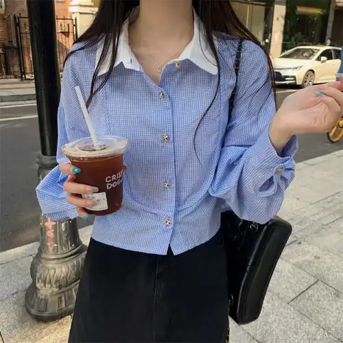 实拍实价 早秋新款polo领长袖衬衫蓝色格子衬衣 - 17网