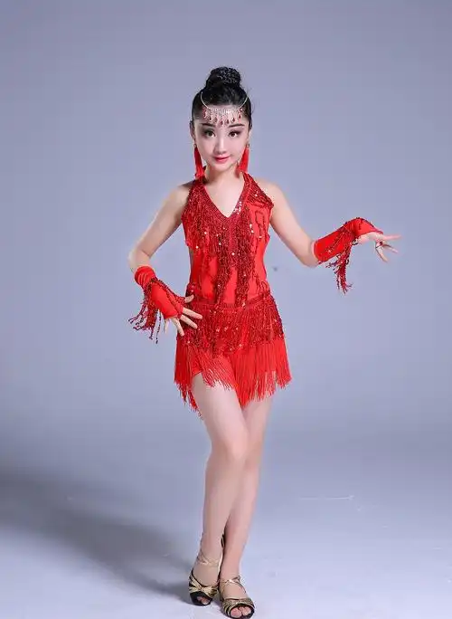 夏季新女童亮片表演服新款儿童流苏拉丁舞裙少儿考级比赛服装包邮