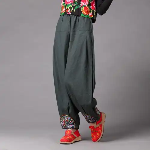 民族风女式休闲裤亚麻女裤绣花阔腿灯笼裤中国国风休闲裤