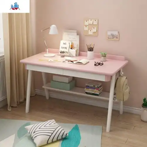 粉色实木书桌简约北欧白色女孩电脑桌少女心儿童家用学生卧室桌子泰