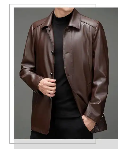 皮尔卡丹品牌高档男装真皮皮衣男绵羊皮翻领薄款海宁春季商务皮夹克