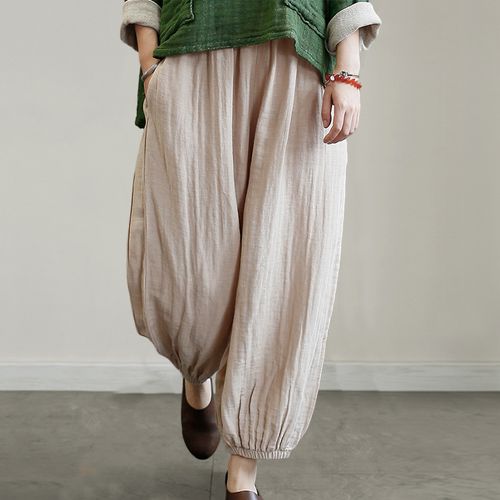知笔墨设计素色文艺棉麻洗水灯笼裤女 2019夏原创宽松长裤休闲裤