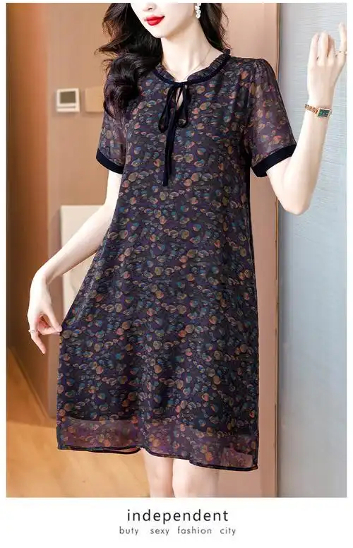 真丝连衣裙女夏季轻奢高端桑蚕丝大码女装胖mm香云纱中老年碎花裙
