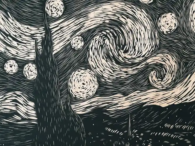 手工雕刻星空木刻版画制作