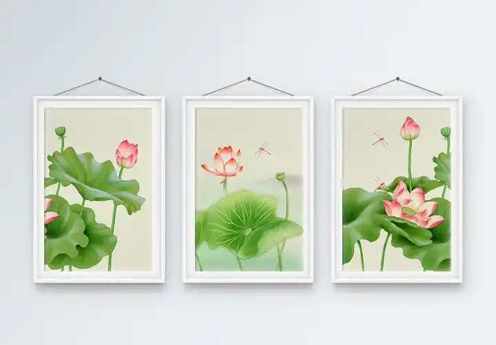 荷花中国风手绘中国风手绘荷花装饰画三联框模板