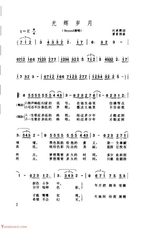 beyond歌曲简谱《光辉岁月》1991  刘卓辉词  黄家驹曲
