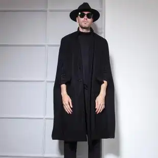 长款毛呢大衣斗篷披风披肩过膝长秋冬男外套欧美走秀款型男黑上衣
