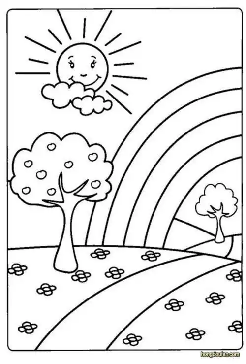 太阳彩虹苹果树填色图片大全-红豆饭小学生简笔画大全
