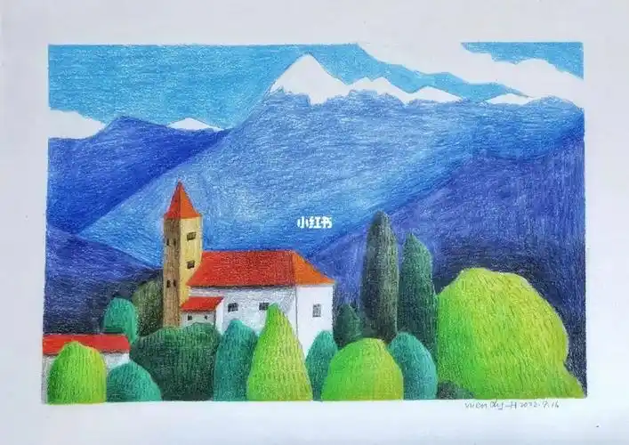 看见一张好看的风景照片,用彩铅把它画出来.