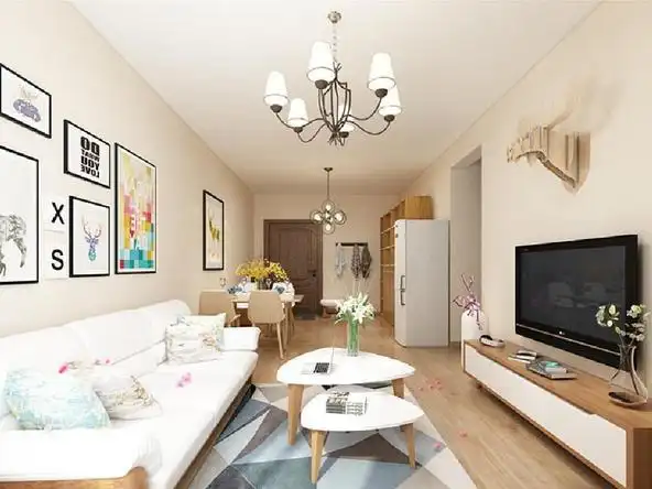 客厅电视背景墙仅以一个拼装鹿头来装饰,592_444