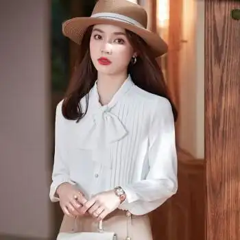 气质休闲百搭蝴蝶结春装上衣显瘦通勤ol正装女士衬衣tlmq6q6605白色l