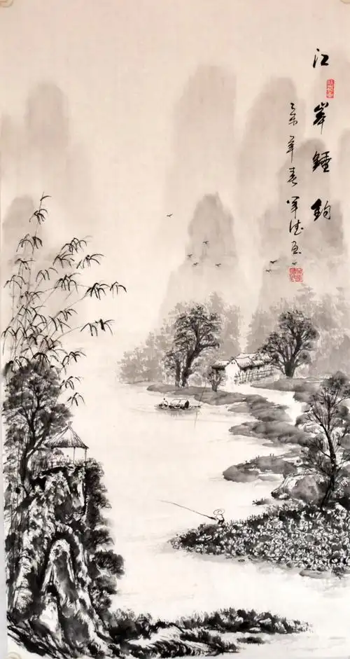 国画水墨山水画三尺竖幅桂林画心心纯手绘原稿国画