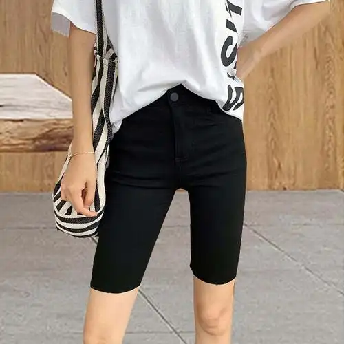 黑色牛仔短裤女2020夏季薄款高腰弹力紧身显瘦骑行中裤修身五分裤