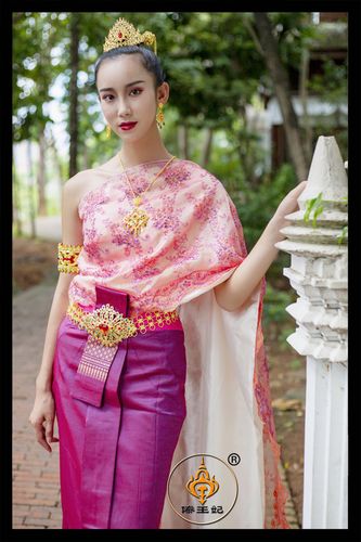 傣王妃服饰泰国传统女装无袖露肩披纱紫色餐厅民族服装