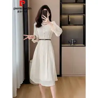 皮尔卡丹pierrecardin连衣裙女2024春季新款时尚女装法式收腰中长款