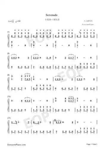 小夜曲-舒伯特c调原谱双手简谱预览1-钢琴谱文件(五线谱,双手简谱