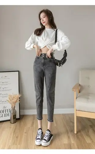 150矮小个子秋装搭配显高八分裤女萝卜裤牛仔裤女145哈伦裤烟管裤