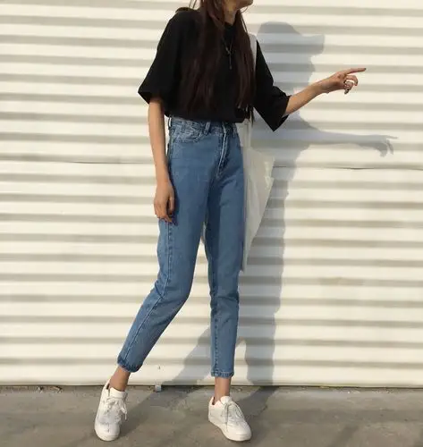 2018春季新款韩版纯色气质高腰显瘦牛仔裤直筒裤长裤牛仔裤女潮