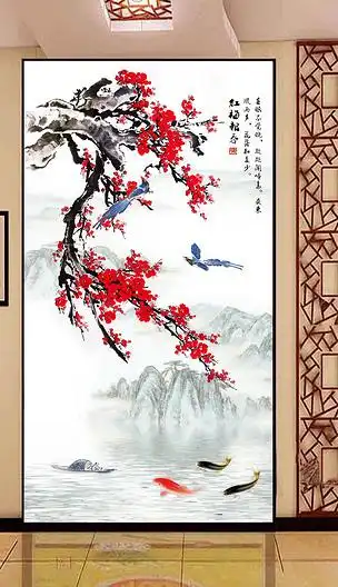 红梅报春梅花喜鹊玄关背景墙