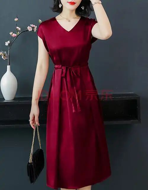 杭州真丝桑蚕丝连衣裙子新款阔太太年轻妈妈醋酸缎面飘逸 枣红色 4xl