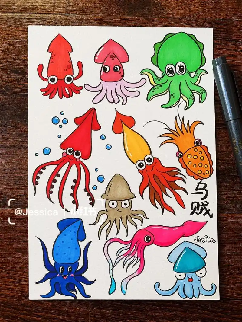 乌贼手绘手帐素材简笔画临摹练习100张打卡