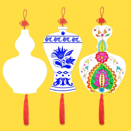 卡纸手绘花瓶青花瓷绘画涂色手工制作填色彩色幼儿园创意美术材料