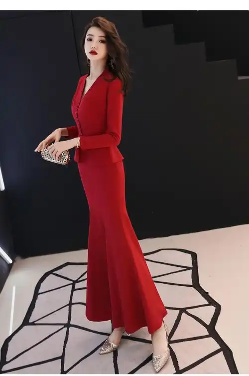 卡缇曼 v领鱼尾修身晚礼服长裙 红色 m