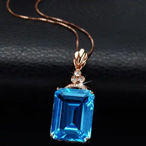 新款奢华长方形大裸石瑞士蓝托帕石吊坠锁骨链 巴西彩宝吊坠