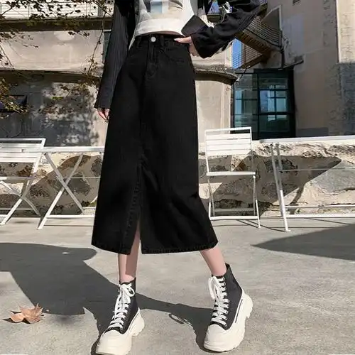牛仔半身裙黑色a字开叉中长款高腰显瘦百搭宽松学生遮肉大码长裙 - 17